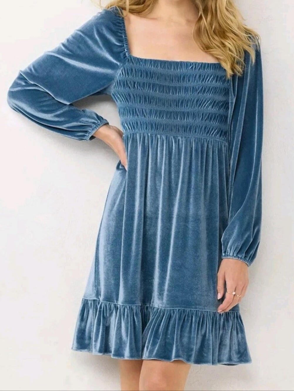 LC Lauren Conrad Smocked Flounce Hem Velvet Long Sleeve Dress